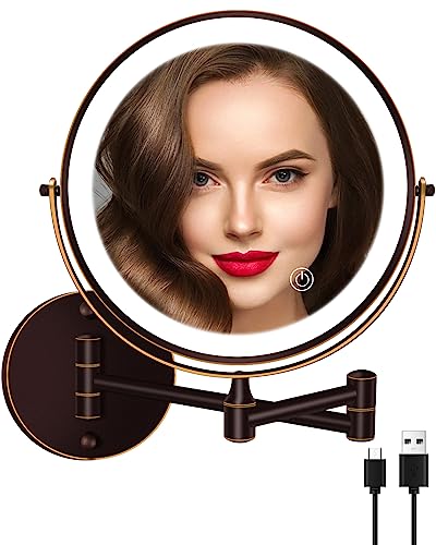 Rechargeable Lighted Makeup Mirror 8 Inch Wall Mounted Makeup Mirror Double-Sided 1X/10X Magnifying Mirror 3 Color Lighting Touch Screen 360° Swivel Bathroom Mirror 13 Inch Extendable