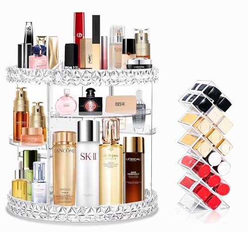 Kingtaily Perfume Organizer Skin Care Organizer with Extra Lipstick Organizer, 360 Rotating and 6 Adjustable Layers, Large Capacity Makeup Holder Clear Makeup Organizer for Cosmetics Lotion Perfume