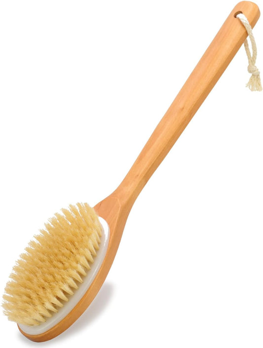 Back Brush for Shower,Wooden Long Handle Shower Brush, Natural Bristles of Medium Softness,Wet or Dry Brushing for Exfoliation,Shower Loofah with Handle, Back Scrubber for Women, Men and Senio