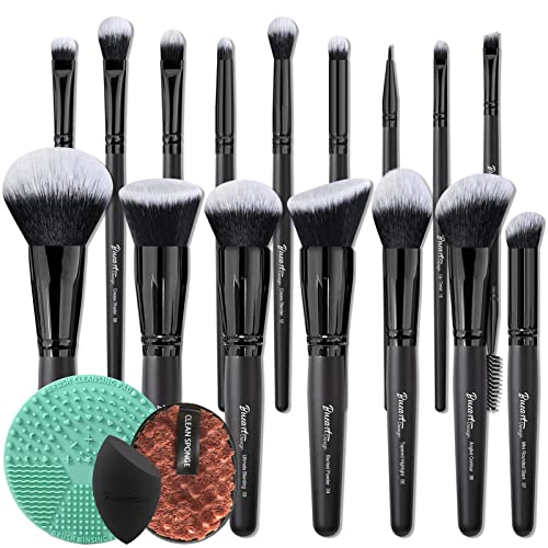 Bueart Design 19Pcs Black labeled Makeup Brushes set Contains brush cleaning mat, Beauty Sponge, Makeup Remover Pads, 16Pcs Foundation Face brush Brush Blending Blush Concealers contour Eyeshadow