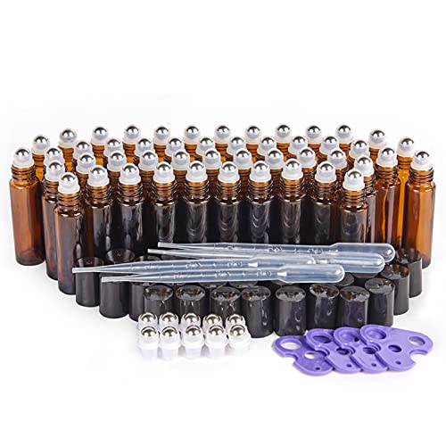 Essential Oil Roller Bottles, 48 Pack Hoa Kinh 10ml Empty Glass Amber Roller Bottles UV Protection with Stainless Steel Balls (10ml-48pack)