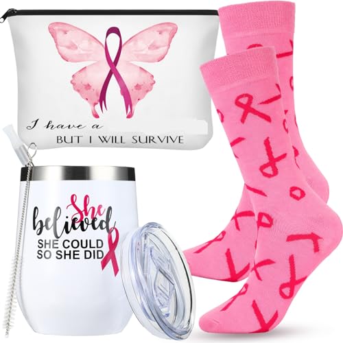 Sieral 3 Pcs Breast Cancer Awareness Gift Set for Women 12 oz Breast Cancer Tumbler Cup Pink Ribbon Zipper Makeup Cosmetic Bag Cancer Crew Socks for Women Post Breast Cancer Survivor Warrior