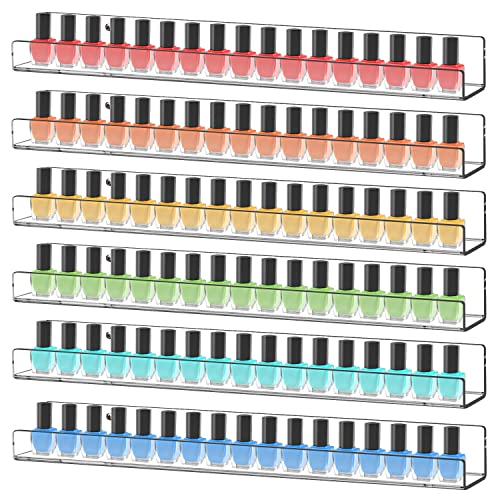 display4top 6 Pack Nail Polish Rack,15" Acrylic Nail Polish Wall Mounted Organizer Displays 90 Bottles, Clear Floating Kids Wall Bookshelf