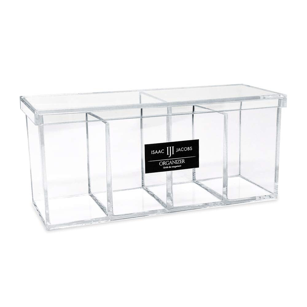 Isaac Jacobs 4-Compartment Clear Acrylic Organizer with Lid (9” L x 3” W x 4” H), Makeup Brush Holder, Sectional Tray, Storage Solution for Makeup, Crafts, Office Supplies & More (1, Clear)