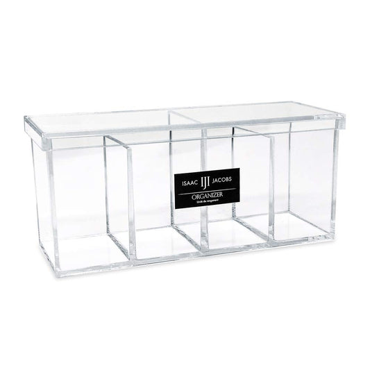 Isaac Jacobs 4-Compartment Clear Acrylic Organizer with Lid (9” L x 3” W x 4” H), Makeup Brush Holder, Sectional Tray, Storage Solution for Makeup, Crafts, Office Supplies & More (1, Clear)