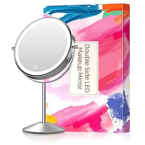 Makeup Vanity Mirror with LED Lights, 8 Inch Rechargeable Double Sided 10X Magnification, 3 Color Lighting, Dimmable Cosmetic Mirror with Touch Control 360°Rotation Light up Mirror Cord or Cordless