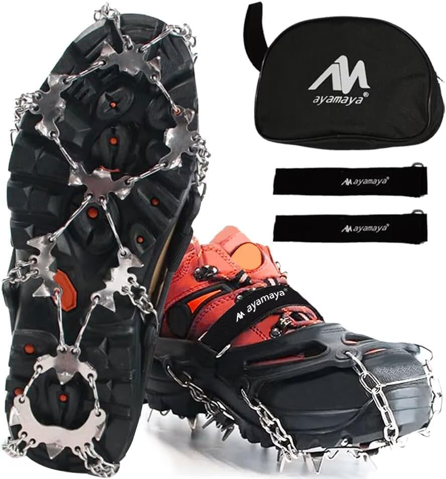 AYAMAYA Upgraded 24 Spikes Crampons Ice Cleats for Shoes and Boots - Antislip Stainless Steel Snow Traction Ice Gripper for Shoes Men Women, Snow Chains for Hiking Winter Walking Climbing - M/L/XL