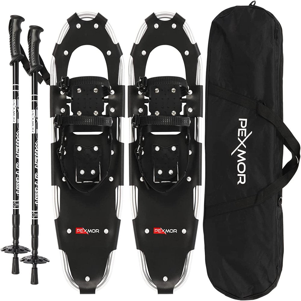 PEXMOR 3-In-1 Aluminum 21"/25"/30" Snowshoes with Poles, Adjustable Ratchet Bindings & Carrying Bag for Men Women Youth, Durable Terrain Snow Shoes for Hiking Climbing