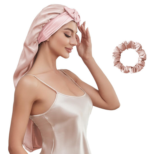 Long Silk Bonnet for Sleeping, Satin Bonnet with Tie Band, Jumbo Bonnets for Women Long Braids Curly Hair Shower Cap(Pink)