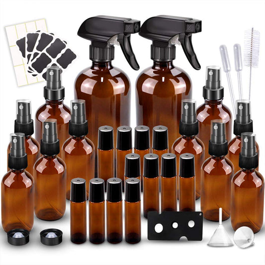 Loretoy Glass Spray Bottle Kit×10 (2×16oz, 2×4oz, 6×2oz), 9×10ml Roller Bottles, Anti UV, Multi Size and Versatile, Suitable for Aromatherapy, Facial Moisturizing, Watering, etc.(Amber)