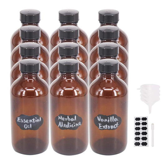 BPFY 12 Pack 8 oz Glass Boston Bottle With Black Poly Cap, Funnel, Chalk Labels, Pen, Dispensing Bottles for Homemade Vanilla Extract, Essential Oils, Herbal Medicine, Wedding Christmas Decor (Amber)
