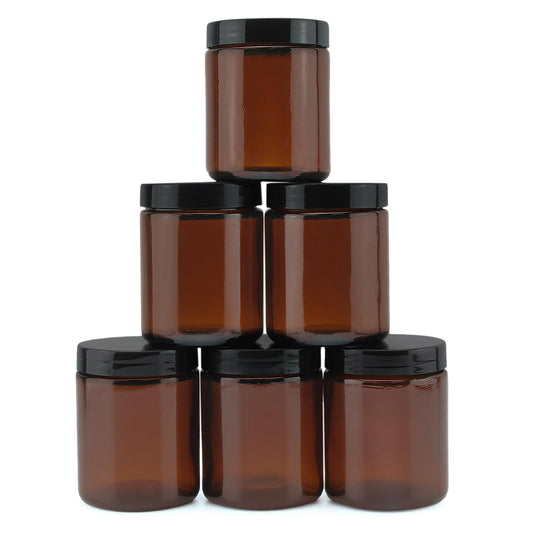 Cornucopia 8oz / 9oz Amber Glass Jars (6-Pack); Straight Sided Cosmetic Jars, Great for Body Butter, Creams, Stash Jars, Etc.
