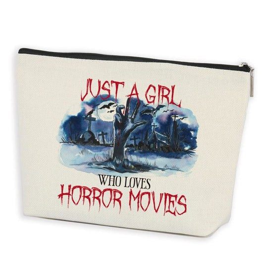 Azteoiz Horror Movie Gifts, Horror Movie Merchandise, Funny Makeup Bag for Girls Women Her Friends Sister Besties - Just a Girl Who Loves Horror Movies