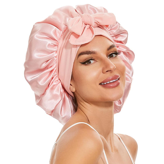 Large Silk Bonnet for Sleeping, Satin Hair Bonnet for Sleeping with Tie Band, Double Layer Satin Bonnets for Women Natural Curly Hair Shower cap