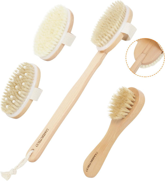 Dry Brushing Body Brush Set Wood Long Handle with 3 Detachable Heads, Face Brush,Natural Boar Bristle Exfoliator for Lymphatic Drainage and Cellulite Treatment,Back for Shower,for Adults