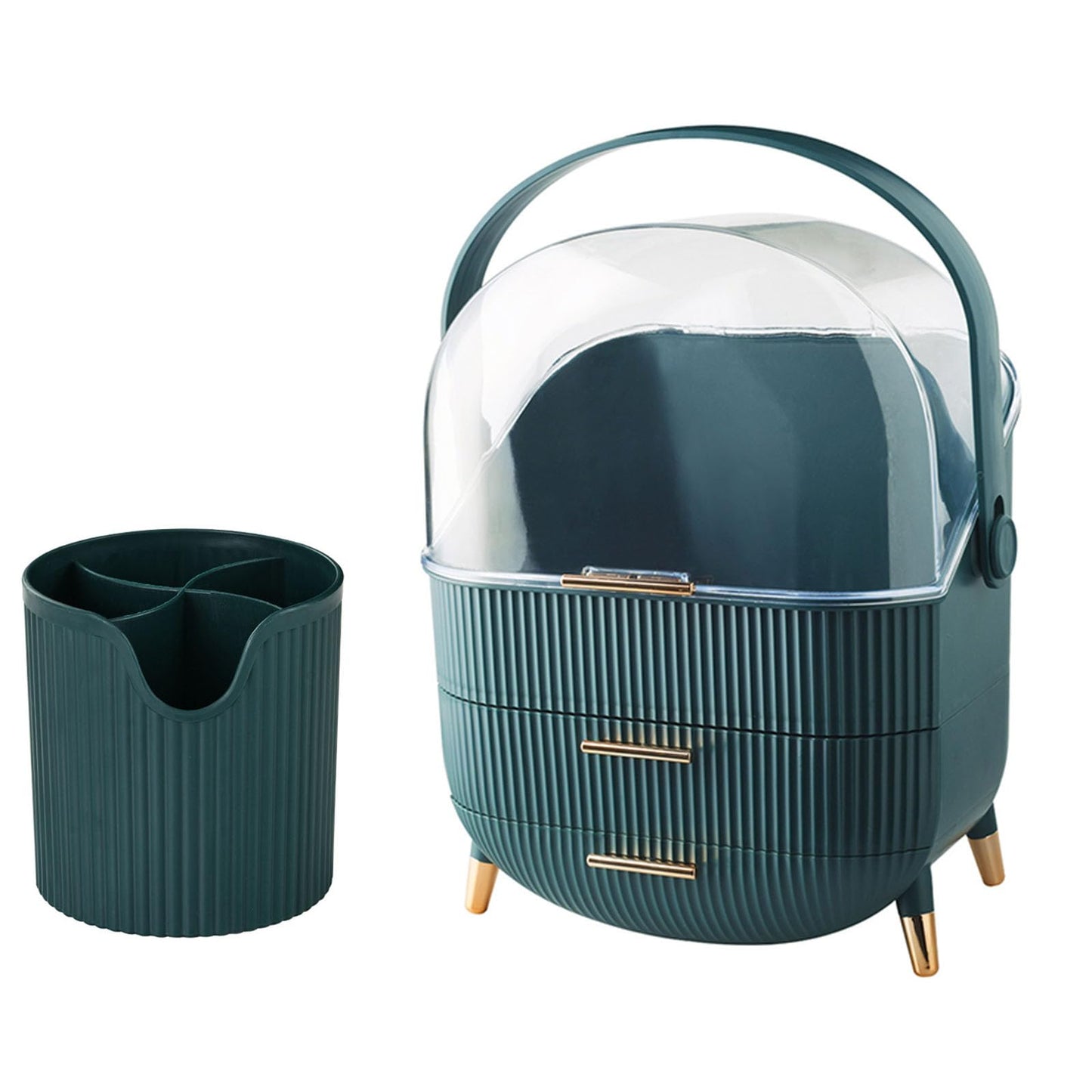 Bleutty Makeup Organizers and Storage with Makeup Brush Holder for Bathroom Vanity Countertop, Portable Cosmetic Display Cases with Handle and Drawers, Gift for Women and Girls -Green