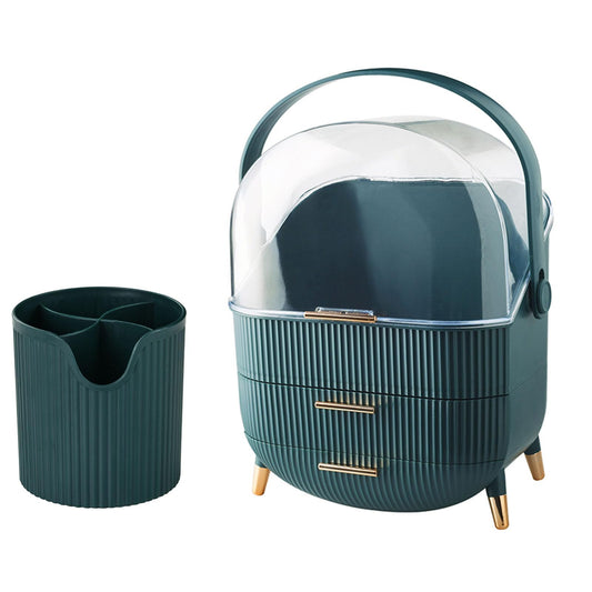 Bleutty Makeup Organizers and Storage with Makeup Brush Holder for Bathroom Vanity Countertop, Portable Cosmetic Display Cases with Handle and Drawers, Gift for Women and Girls -Green