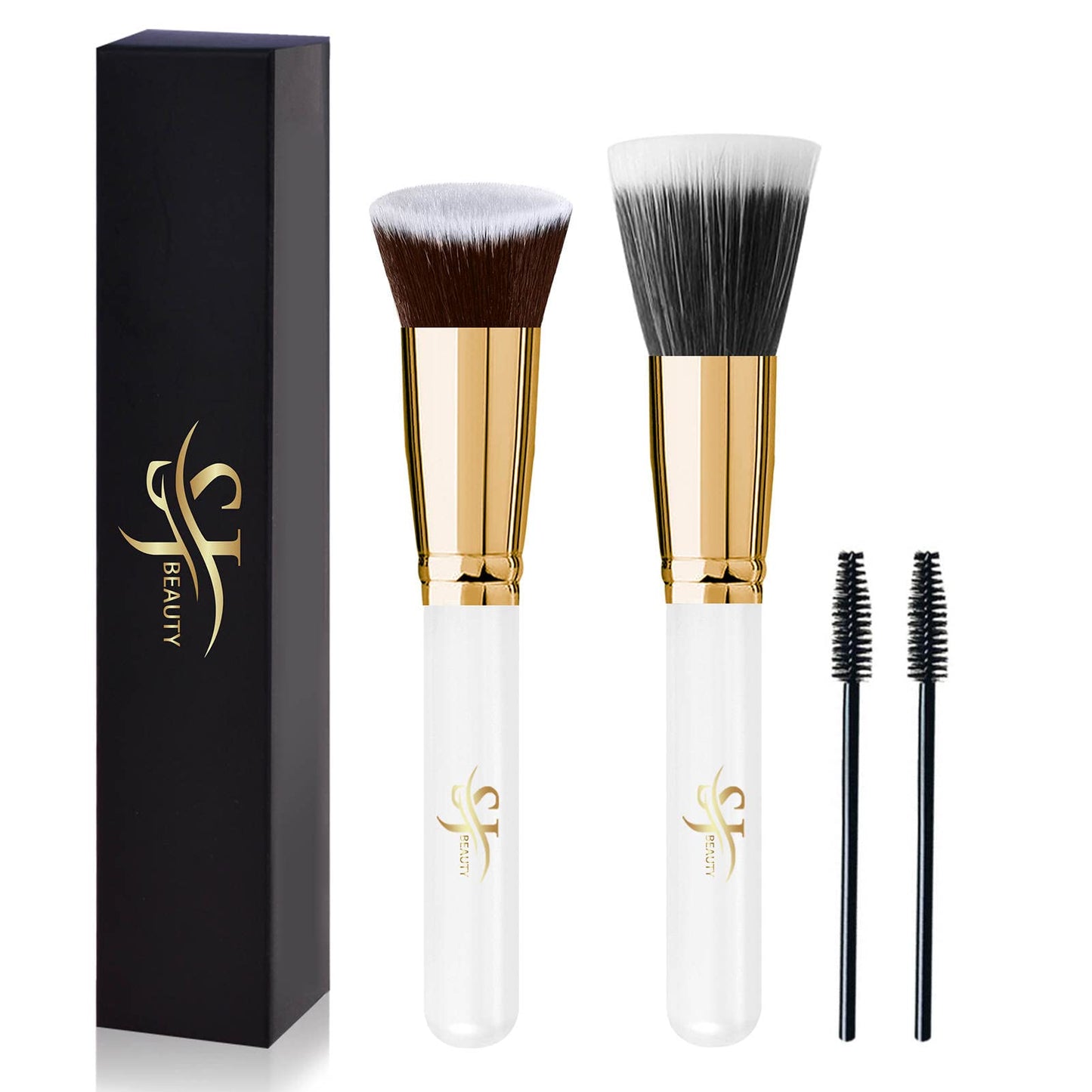 Flat Top Foundation Brush, Duo Fiber Stippling Brush, Premium Kabuki Makeup Brushes for Liquid, Cream, Powder, Blush Buffing, Blending, Flawless Face Brush, Stippling Makeup Tools/White