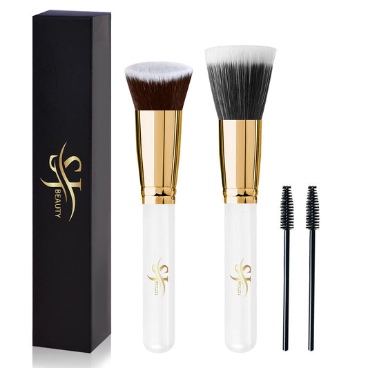 Flat Top Foundation Brush, Duo Fiber Stippling Brush, Premium Kabuki Makeup Brushes for Liquid, Cream, Powder, Blush Buffing, Blending, Flawless Face Brush, Stippling Makeup Tools/White