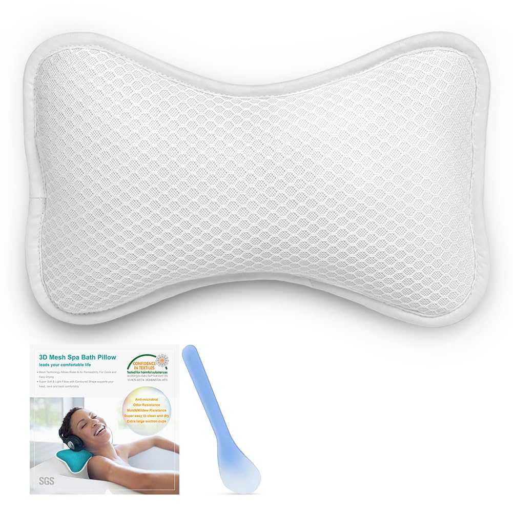 Coastacloud Bath Pillow with Suction Cups, Supports Neck and Shoulders Home Spa Pillows for Bathtub, Hot Tub, Tub Pillows Rest Portable, Relaxing & Comfortable - White