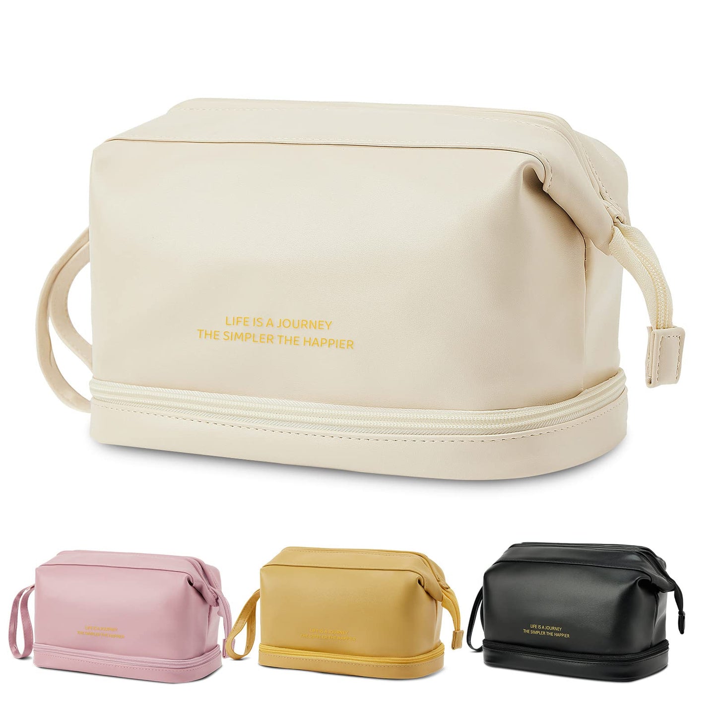 Large Double Layer Waterproof Leather Makeup Bag for Women and Girls, Travel Makeup Organizer Bag Portable Leather Toiletry Bag, Roomy Cosmetic Travel Bag (White)