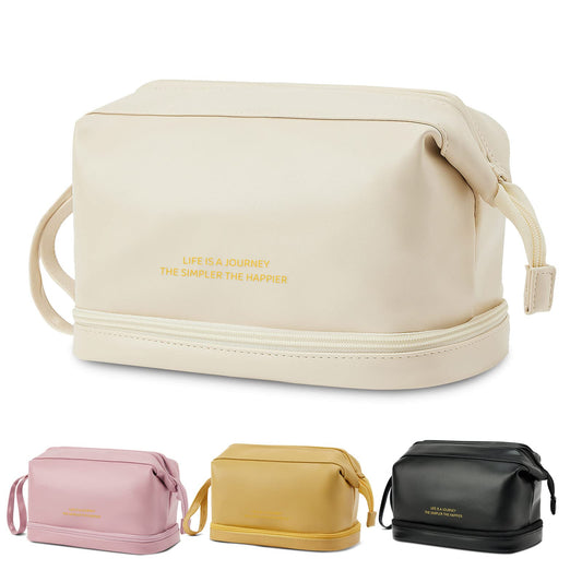 Large Double Layer Waterproof Leather Makeup Bag for Women and Girls, Travel Makeup Organizer Bag Portable Leather Toiletry Bag, Roomy Cosmetic Travel Bag (White)