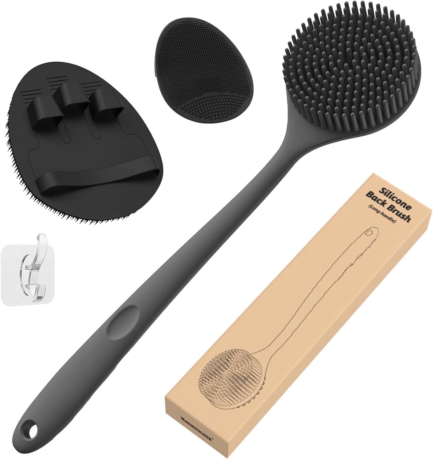 Silicone Back Scrubber (Thick Bristles) & Bath Glove & Face Brush Set(3PCS), Super-Exfoliating & Lathering Body Scrubber, Shower Brush, Face Scrubber Combination, with a Free Hook.(Black)