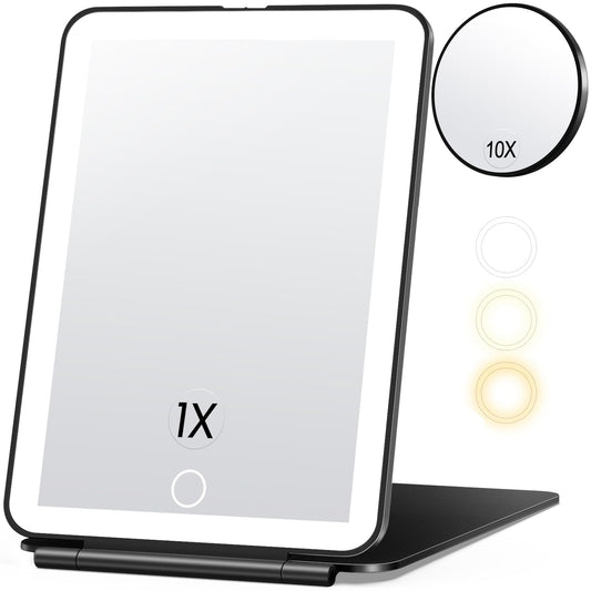 miroposs Rechargeable Travel Makeup Mirror, Vanity Mirror with 80LEDs, 3 Color Lighting, 2000mAh Battery, Portable Ultra Slim Lighted Makeup Mirror, Gift for Women (Black)