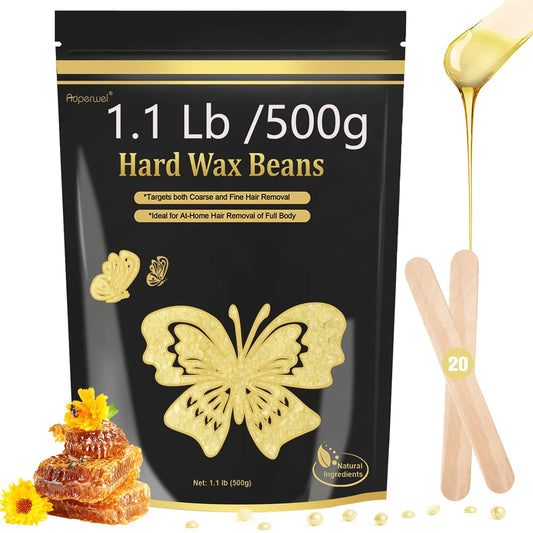 Auperwel Wax Beads for Hair Removal, 1.1LB Painless Salon Hard Wax Beans for Bikini, Eyebrow Facial, At Home Pearl Waxing Beads for Sensitive Skin with 20 Spatulas for Women Men(Honey)
