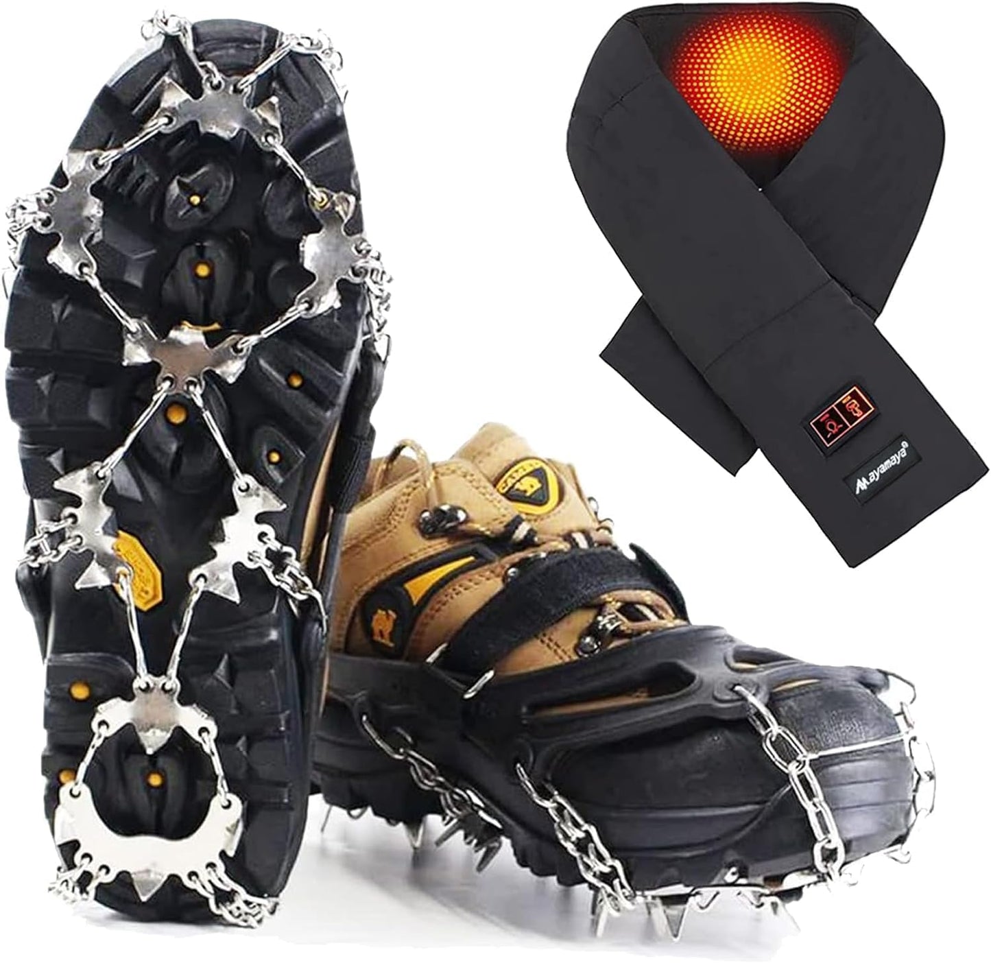AYAMAYA 24 Spikes Crampons & Heated Scarf,Ice Cleats for Shoes and Boots & Ground Sheet & Wireless Heating Pad Lightweight Winter Warm Scarves