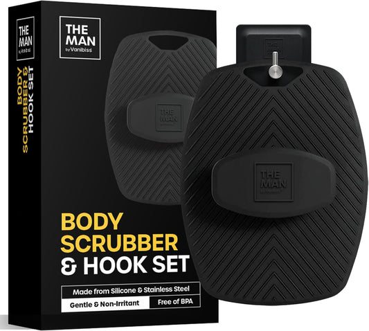 The Man Body Scrubber & Hook - Silicone Body Scrubber for Men - Shower Scrubber for Men - Silicone Body Buffer Hygienic & Easy to Clean - Soft Bristles & Non-Slip Handle - Body Washing Brush (1 Set)