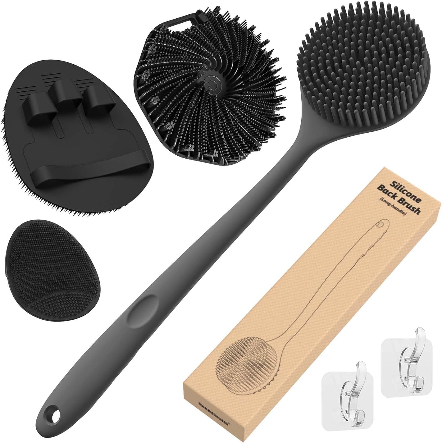 Silicone Back Scrubber & Soft Bath Glove Set 4 PCS(Thick Bristles), Super-Exfoliating Body Scrubber & Super-Lathering Shower Brush Combination, with 2 Free Hooks (Black)