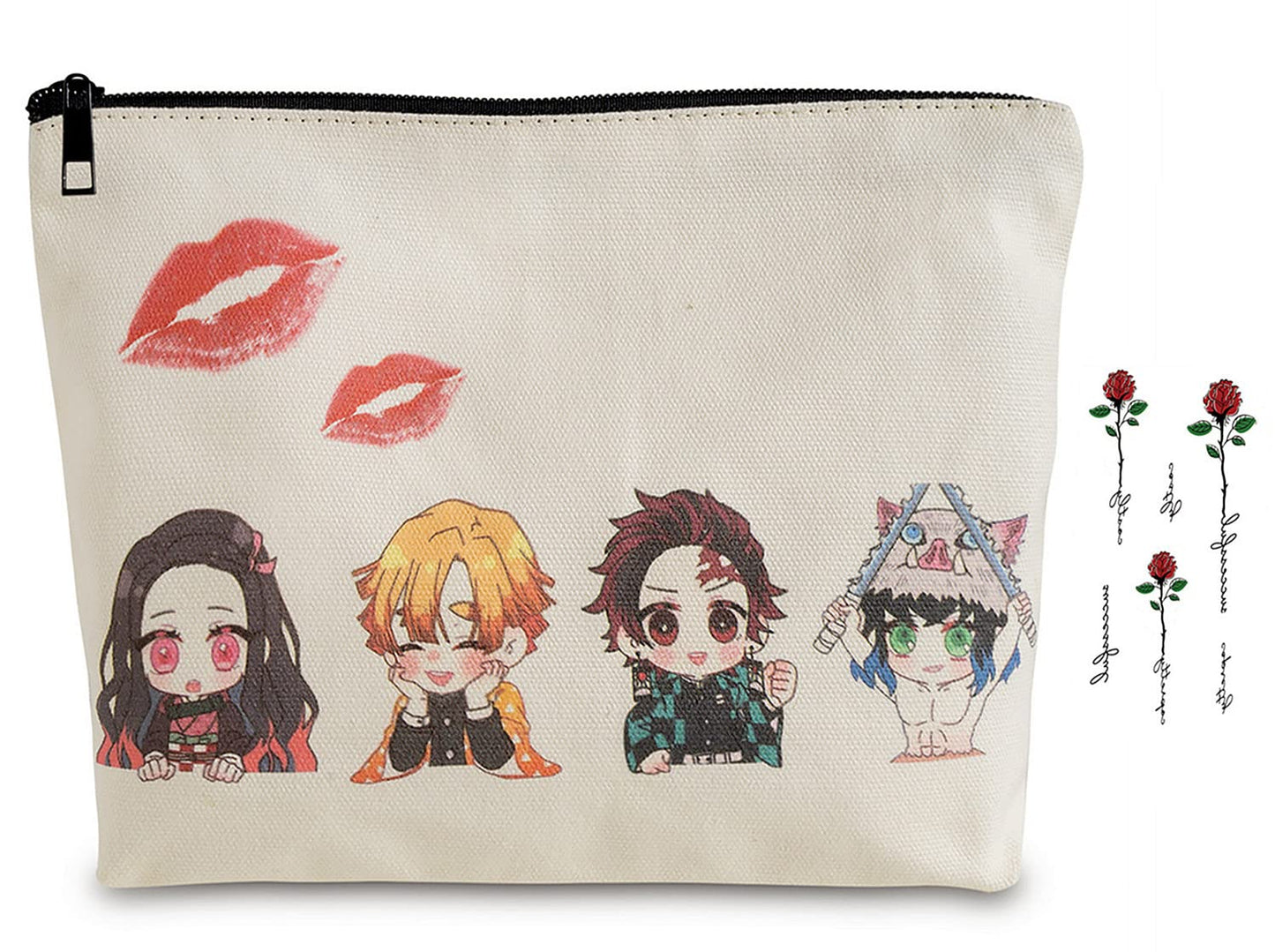 FSRONGXI Anime Nezuko Cosmetic Bag Anime Make up Bags with Rose Tattoo Stickers Cosplay Gift Zipper Pouch Bag for Women