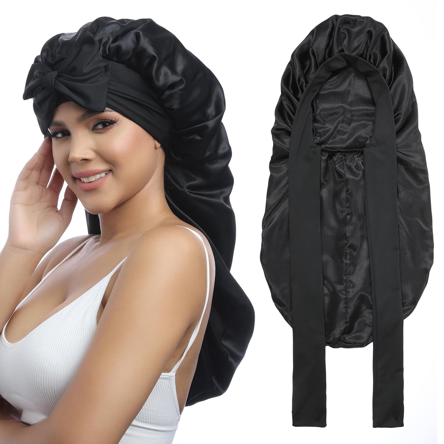 AWAYTR Long Satin Bonnet for Braids - Elastic Silk Hair Bonnets for Sleeping Night Cap Stretchy Tie Band for Women（Black）