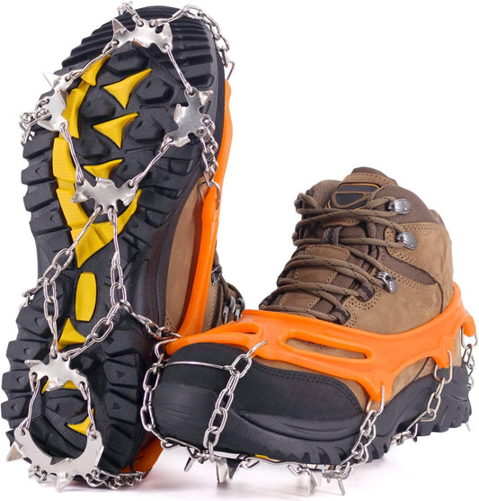 NewDoar Ice Cleats Crampons Traction,19 Spikes Stainless Steel Anti Slip Ice Snow Grips for Women, Kids, Men Shoes Boots, Safe Protect for Mountaineering, Climbing, Hiking, Walking, Fishing,M, L, XL