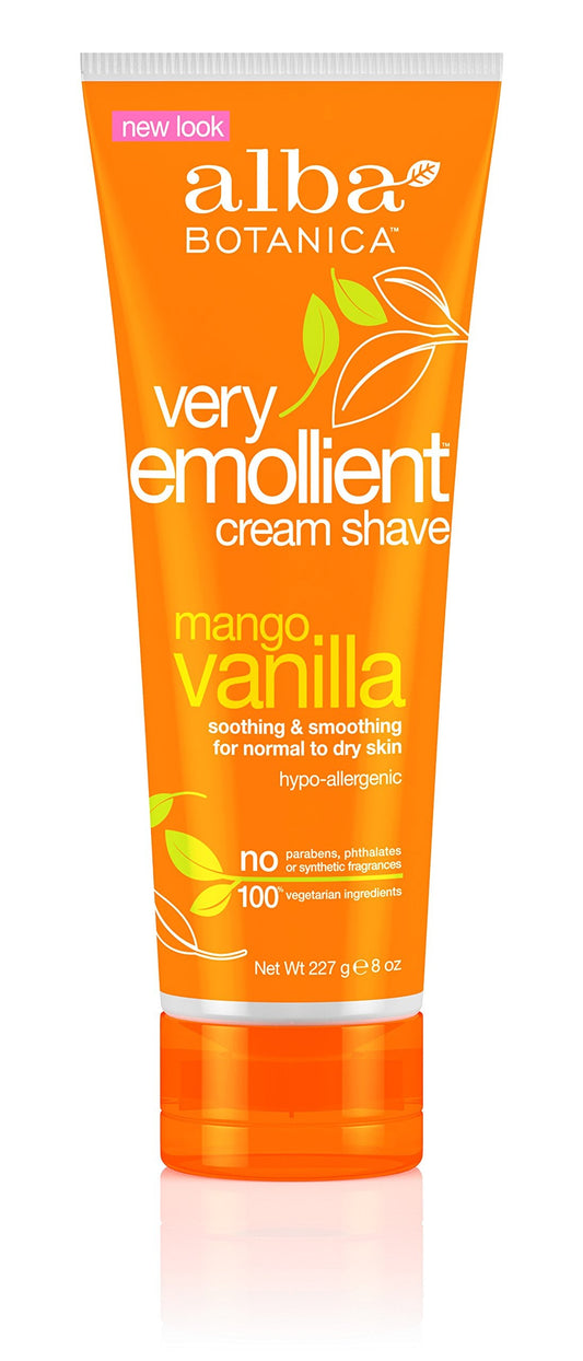 Alba Botanical Mango Vanilla Very Emollient Cream Shave, 8 Ounce Tubes (Pack of 4)