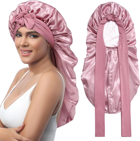 AWAYTR Long Satin Bonnet for Sleeping - Double Layer Reversible Silk Bonnet for Long Hair Women Sleeping Cap with Tie Band