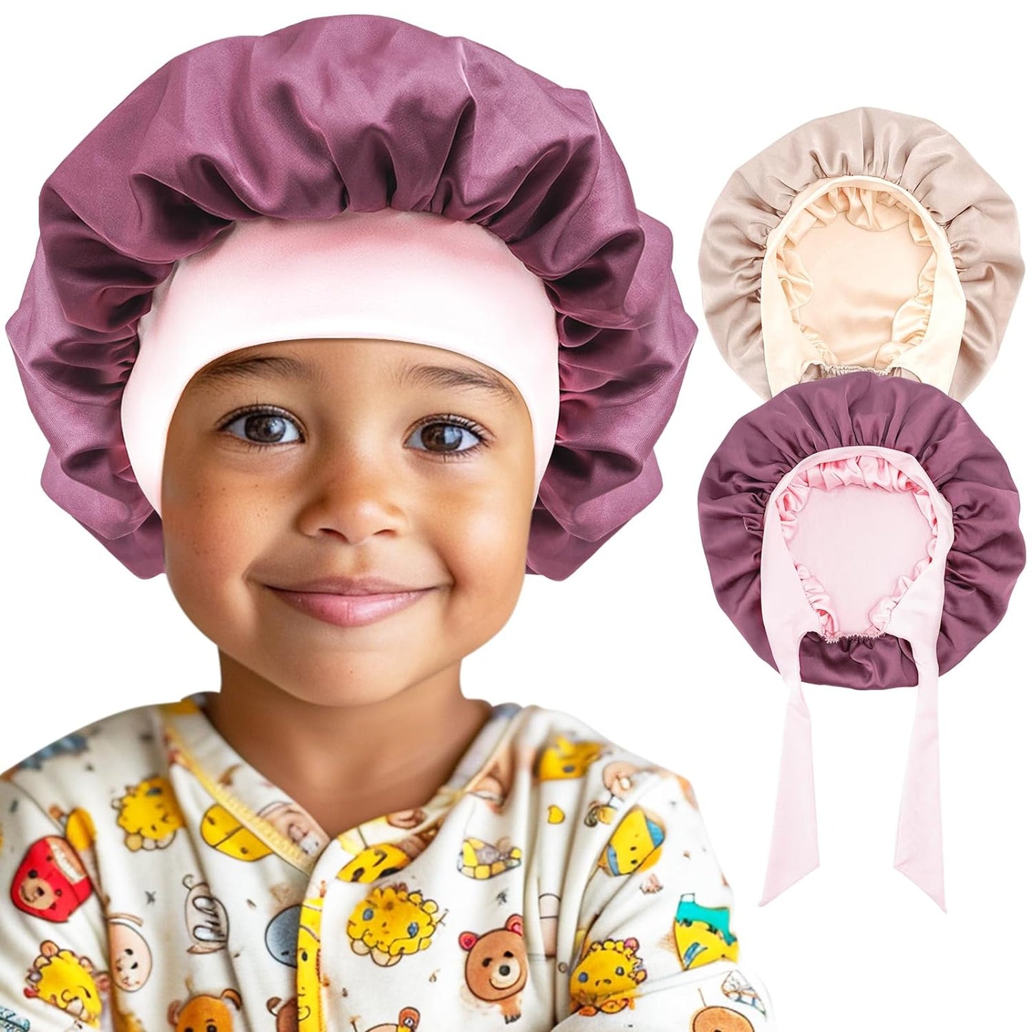 Lolalet 2 PCS Kids Bonnets for Girls, Reversible Silk Bonnet for Sleeping Satin Bonnet Cap with Wide Elastic Band -Violet & Champagne