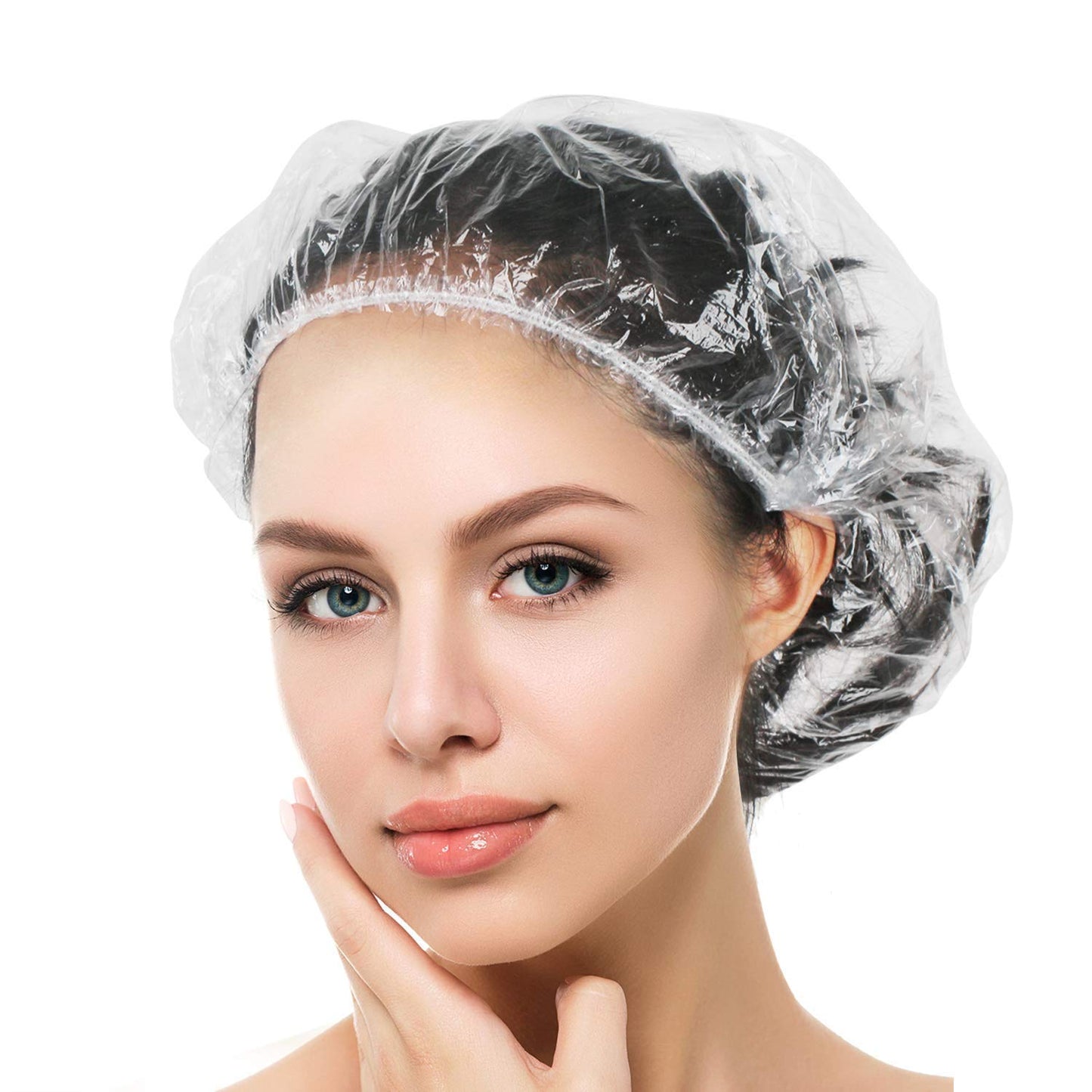 Auban Shower Cap Disposable, Larger Thick Clear Waterproof Plastic Elastic Bath Hair Caps for Women Men Kids, Travel Spa Hotel and Hair Salon, Home Use(100 Individually Pack)