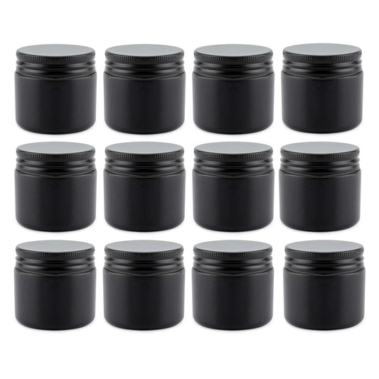 Cornucopia 2-Ounce Black Coated Glass Jars (12-Pack); Cosmetic Jars with Black Metal Lids and Black Matte Exterior