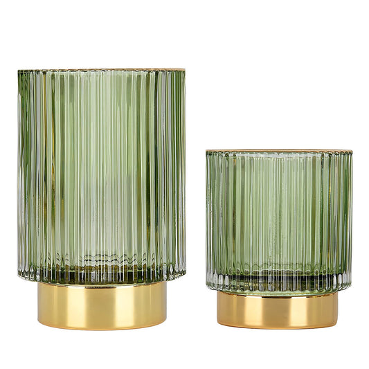 DASITON Makeup Brush holder Organizer,Crystal Cosmetic Glass Storage Holder, Vintage Make Up Brush Cup Pen Pencil Holder striped vase(Green S+L