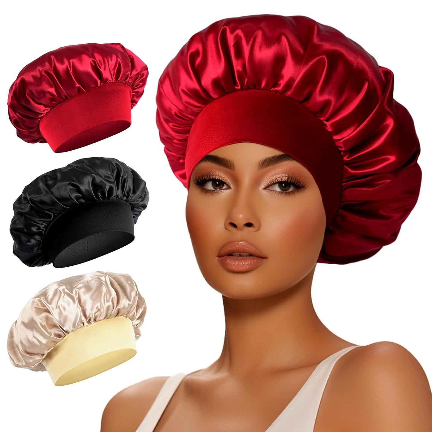 3Pcs Bonnets Silk Bonnet for Sleeping Hair Wrap for Women Satin Sleep Cap (Black, Wine Red, Champagne Gold)