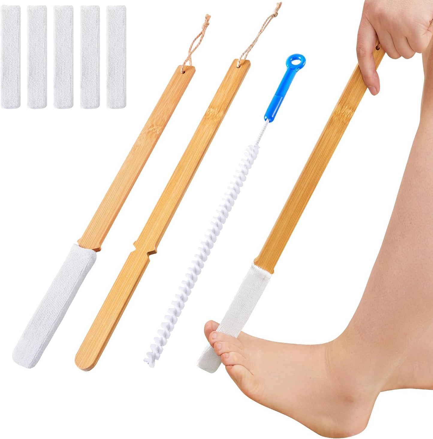 2 Set Long Toe Cleaning Brush with 5 pcs Reusable Soft Drying Covers,Foot Brush for Shower,Cleaning Between Toe Come with 1 pcs Heel Cleaning Brush for Seniors,Elderly,Disabled Men and Women