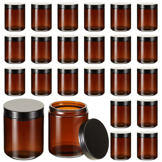 Lallisa 32 Pieces 8 oz Amber Round Glass Jars Empty Leakproof Candle Making Jars Amber Jars with Lids Dishwasher Safe Refillable Candle Containers for Cosmetic Face Creams Body Butter Lotions Storage