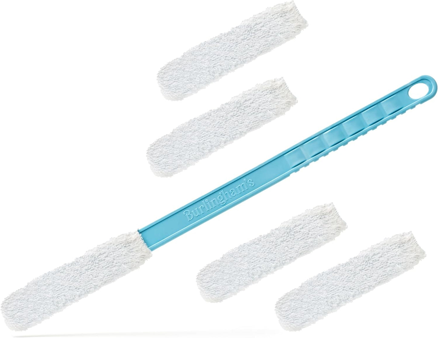 Burlingham's Toe and Foot Towel Brush with Reusable Drying Covers Long 17” Handle for Cleaning Between Toes, Soft Skin Exfoliation,for Seniors, Adults, or Kids, 5 Washable Cloth