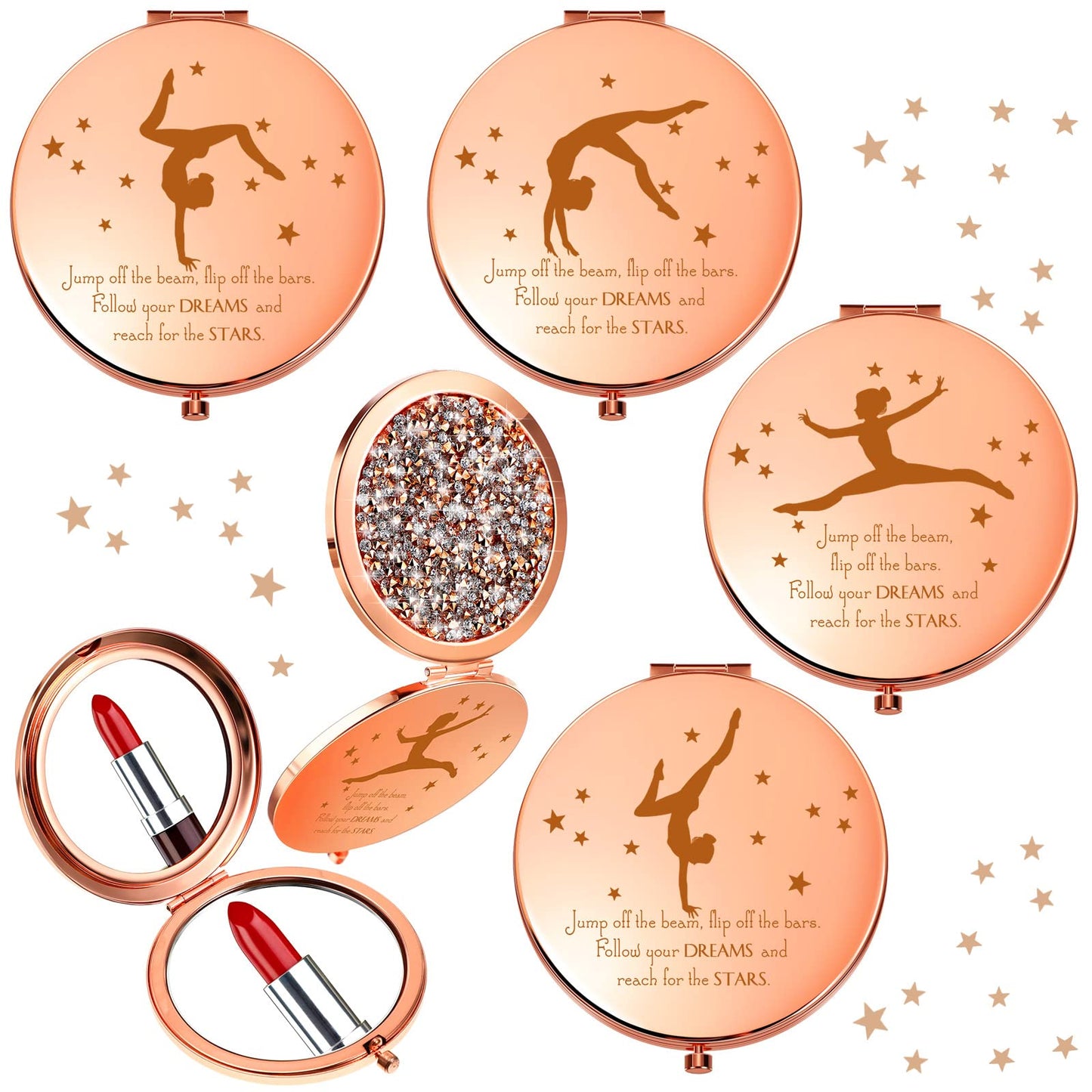 Fumete 4 Pcs Gymnastics Inspirational Gift for Girls Women Pocket Mirror Handheld Magnifying Compact Makeup Mirror for Gymnast Coach Appreciation Gifts Gymnastics Gifts for Valentines(Rose Gold)