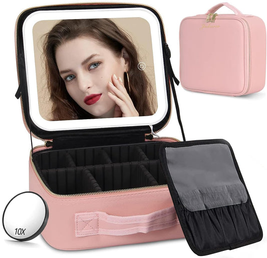 Jadazror Lighted Makeup Case with Mirror, Adjustable Dividers - Portable Cosmetic Organizer Bag for Travel