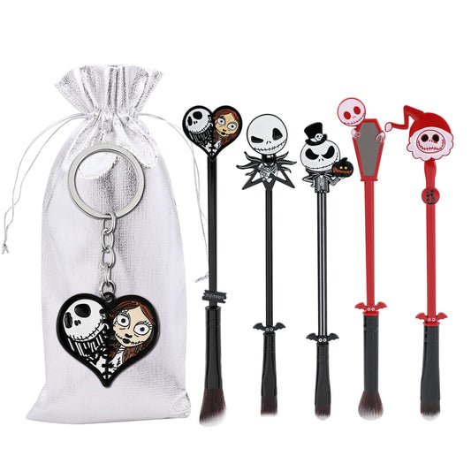 Nightmare Before Christmas Makeup Brushes, 5pcs Corpse Bride Anime Eye Make Up Brush Set with Sally Jack Skellington Keychain Gift for Women Girls