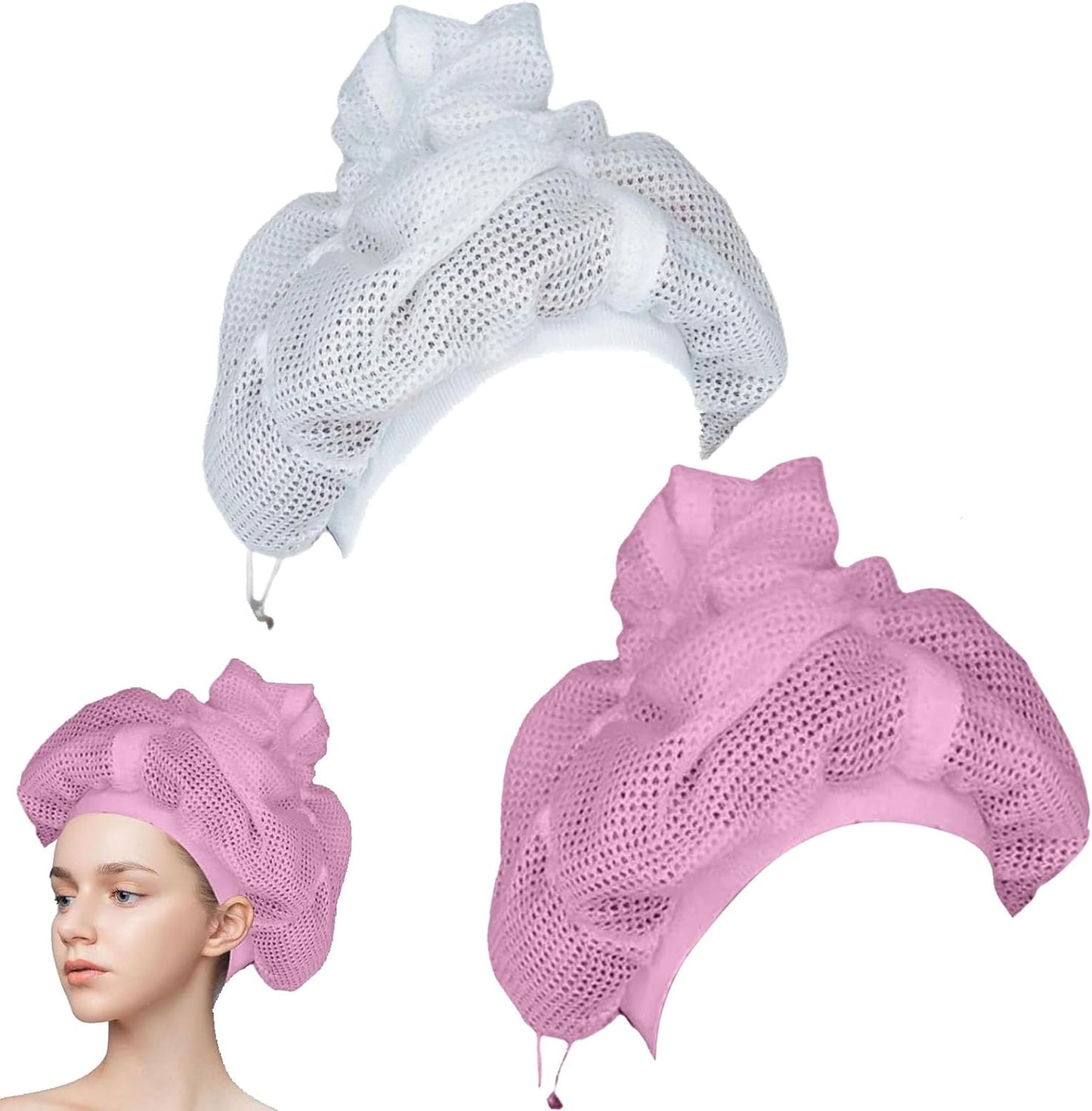 2 Pcs Net Plopping Cap for Drying Curly Hair, Hair Net for Drying, Soulta Net Plopping Cap, Net Plopping Bonnet with Adjustable Strap, Net Plopping Satin Diffuser Cap (White+Pink)