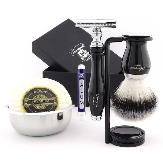 Haryali London 6 Pc Mens Shaving Kit Double Edge Shaving Razor with Synthetic Badger Hair Brush, Stand, Bowl, Soap and Alum Perfect New Year Gift for Men